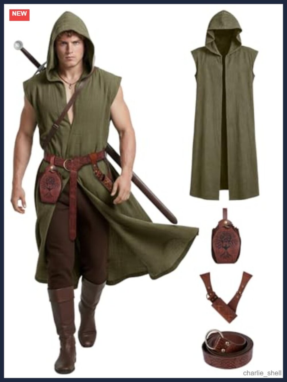 Men's Renaissance Costume 4PC Medieval Hooded Surcoat LARP Cosplay Set